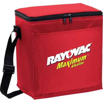 12-Pack Lunch Cooler - PEVA insulation. Zippered main compartment. Front open pocket. Adjustable shoulder strap.