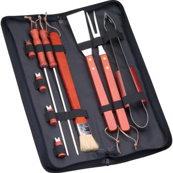 10-Piece BBQ Set - Includes spatula, fork, tongs, 2 skewers, basting brush and 4 corn cob holders. Zippered carrying case with front open pocket and double 12" handles.