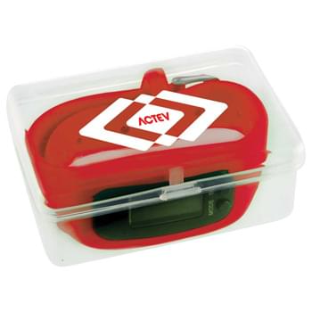 LED Pedometer Watch in Case - CLOSEOUT! Please call to confirm inventory available prior to placing your order!<br />Silicone smart watch with metal buckle, push buttons to change settings and 5 digit LED display featuring time, alarm, step count in miles and burnt calories.  Comes in a clear plastic case for easy convenient storage and decoration.