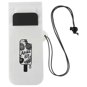 Mambo Waterproof Storage Pouch - Storage pouch with frosted white back, transparent clear touch screen front window with zip lock and pop-up colour flap with hook and loop closure.  Includes neck cord with drawstring closure.