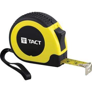 Rugged Locking Tape Measure - 10-foot retractable tape measure. Standard and metric measurements. Rubber casing. Sturdy plastic wrist strap. Slide locking button locks tape in place. Metal belt clip on back.