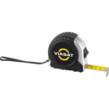 The Pro Locking Tape Measure - 25-foot retractable tape measure. Standard and metric measurements. Rubber casing. Rubberized wrist strap. Slide locking button locks tape in place. Metal belt clip on back.