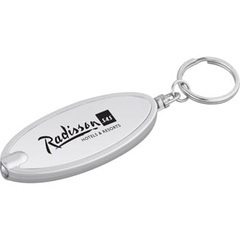Oval Key-Light - Single white LED light. Metal split key ring. Push-button power button on back.